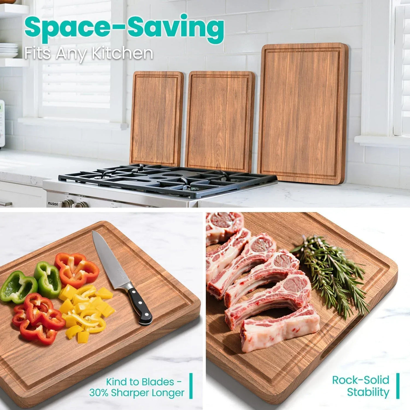 Wood cutting boards for kitchen prep, slicing veggies & meat, space-saving, blade-friendly, stable