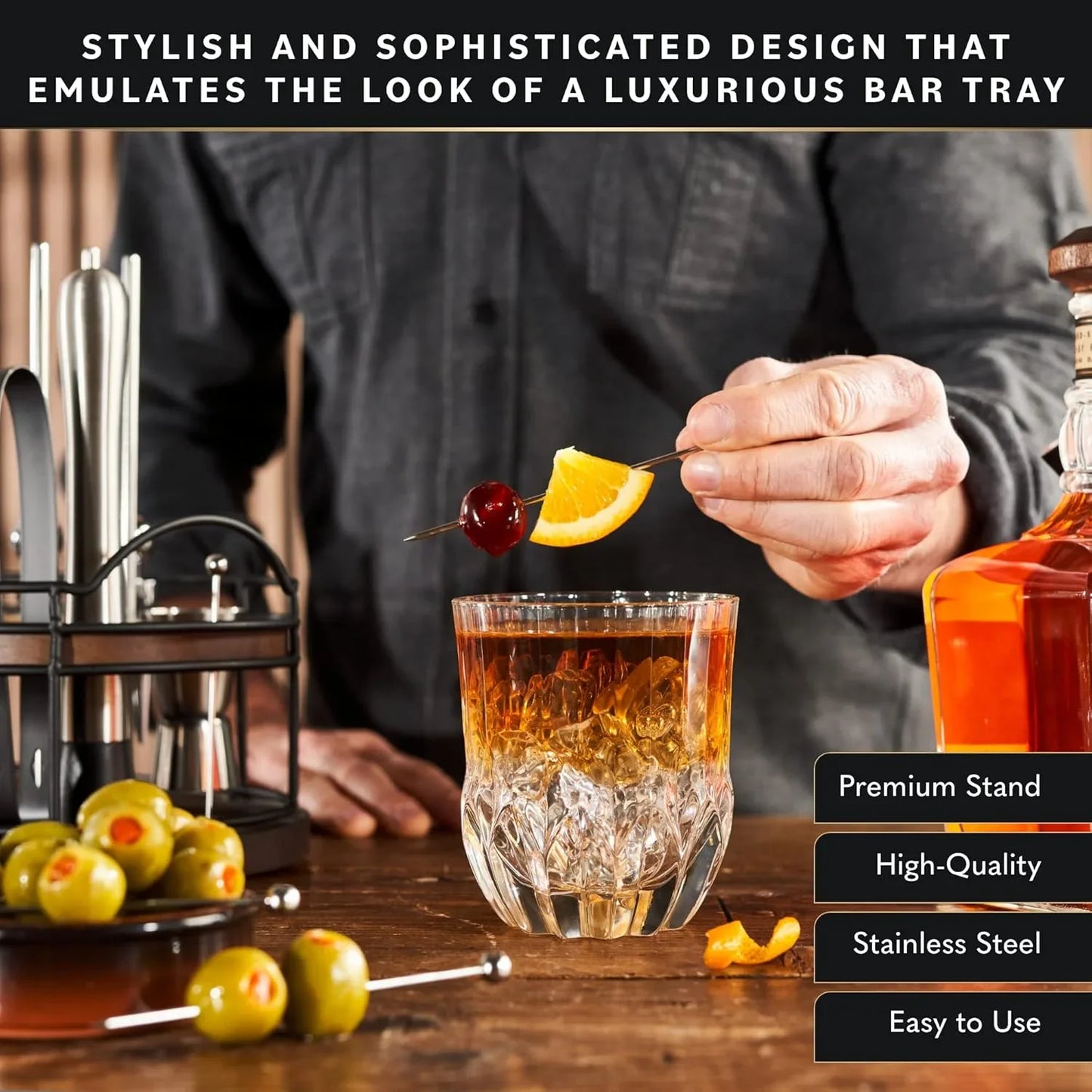 Bartender Kit - 22-Piece Cocktail Shaker & Bar Tool Set - Wooden Stand Display & Bar Cart Accessories - Recipe Book & Housewarming Gifts - 22-Pc, Silver