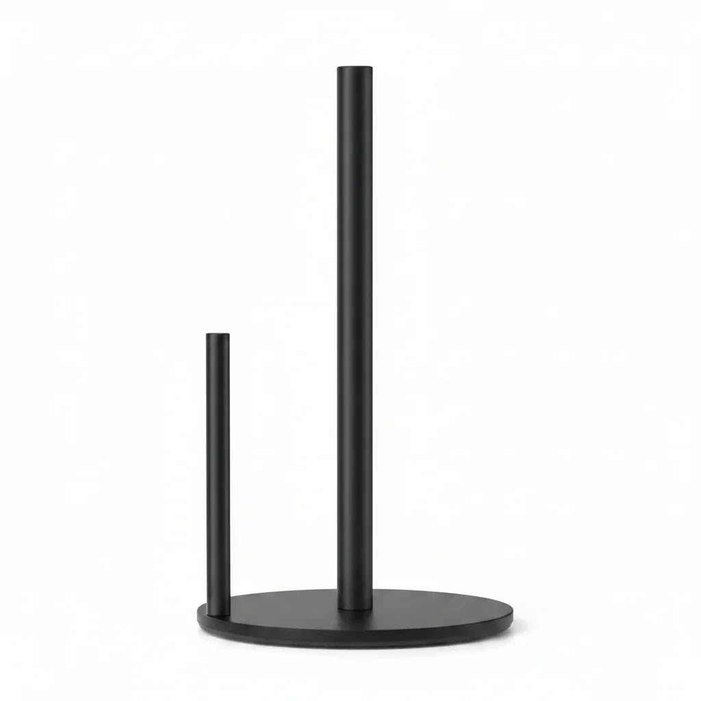 Black minimalist kitchen paper towel holder with dual rods for organized storage