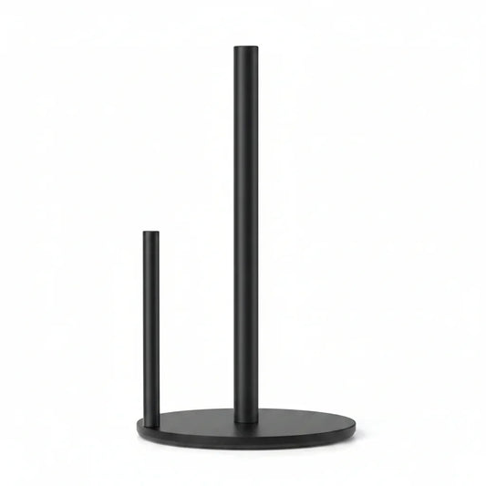 Black minimalist kitchen paper towel holder with dual rods for organized storage