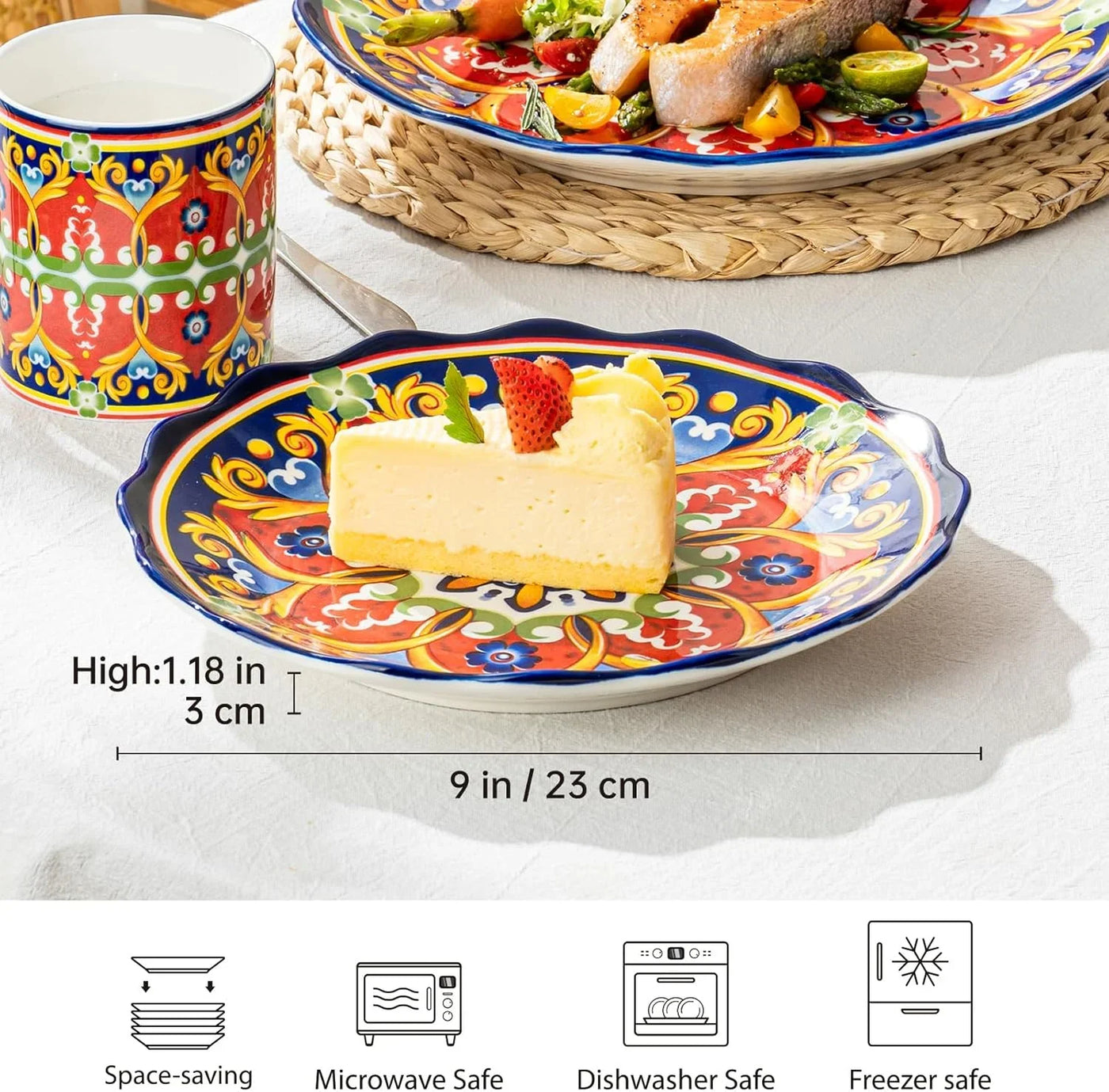 Ceramic Dessert Plate Set of 4, 9 Inch Snack Plates with Scalloped Edges – Serving Dishes for Salad, Cake, Cheese, Vibrant Boho Decoration, Microwave & Dishwasher Safe