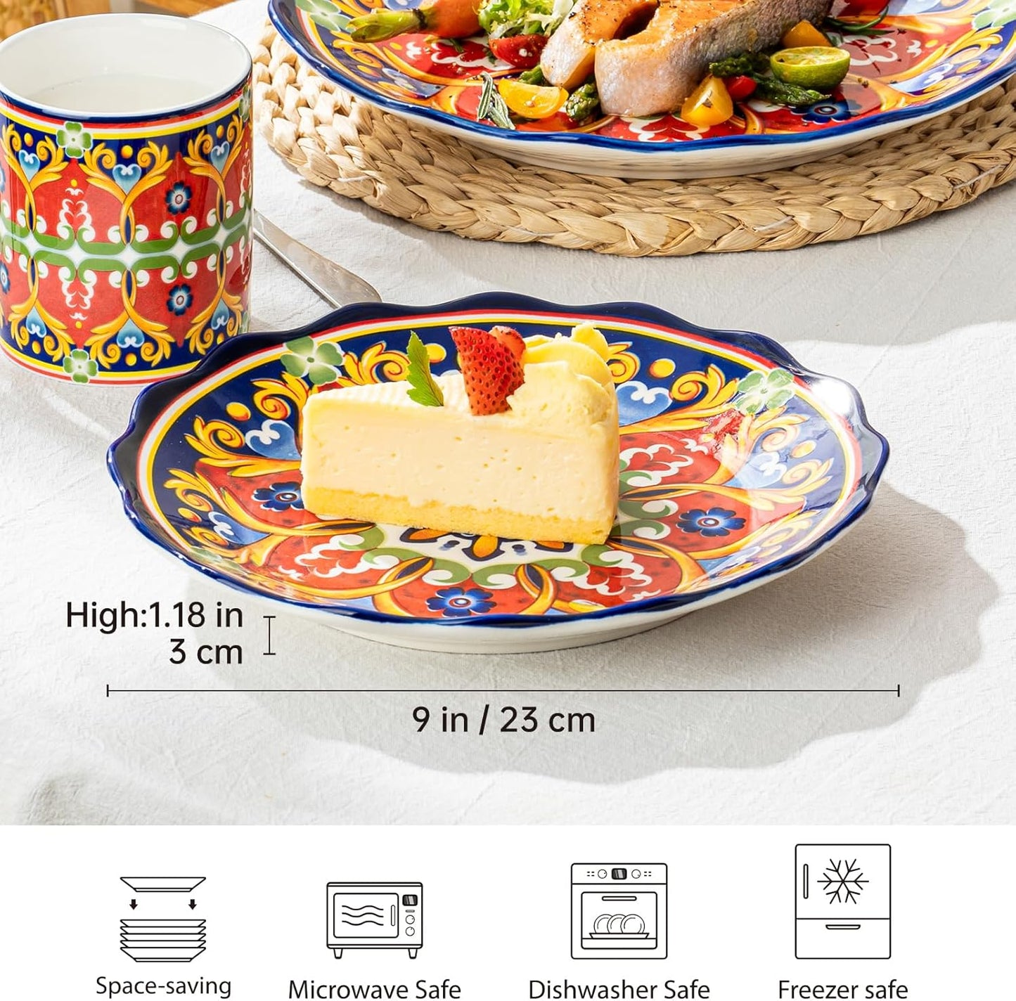 Ceramic Dessert Plate Set of 4, 9 Inch Snack Plates with Scalloped Edges – Serving Dishes for Salad, Cake, Cheese, Vibrant Boho Decoration, Microwave & Dishwasher Safe