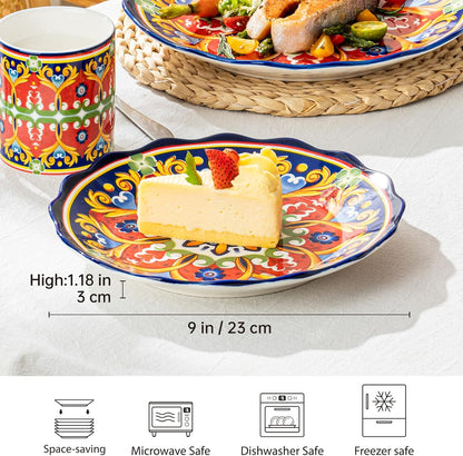 Ceramic Dessert Plate Set of 4, 9 Inch Snack Plates with Scalloped Edges – Serving Dishes for Salad, Cake, Cheese, Vibrant Boho Decoration, Microwave & Dishwasher Safe