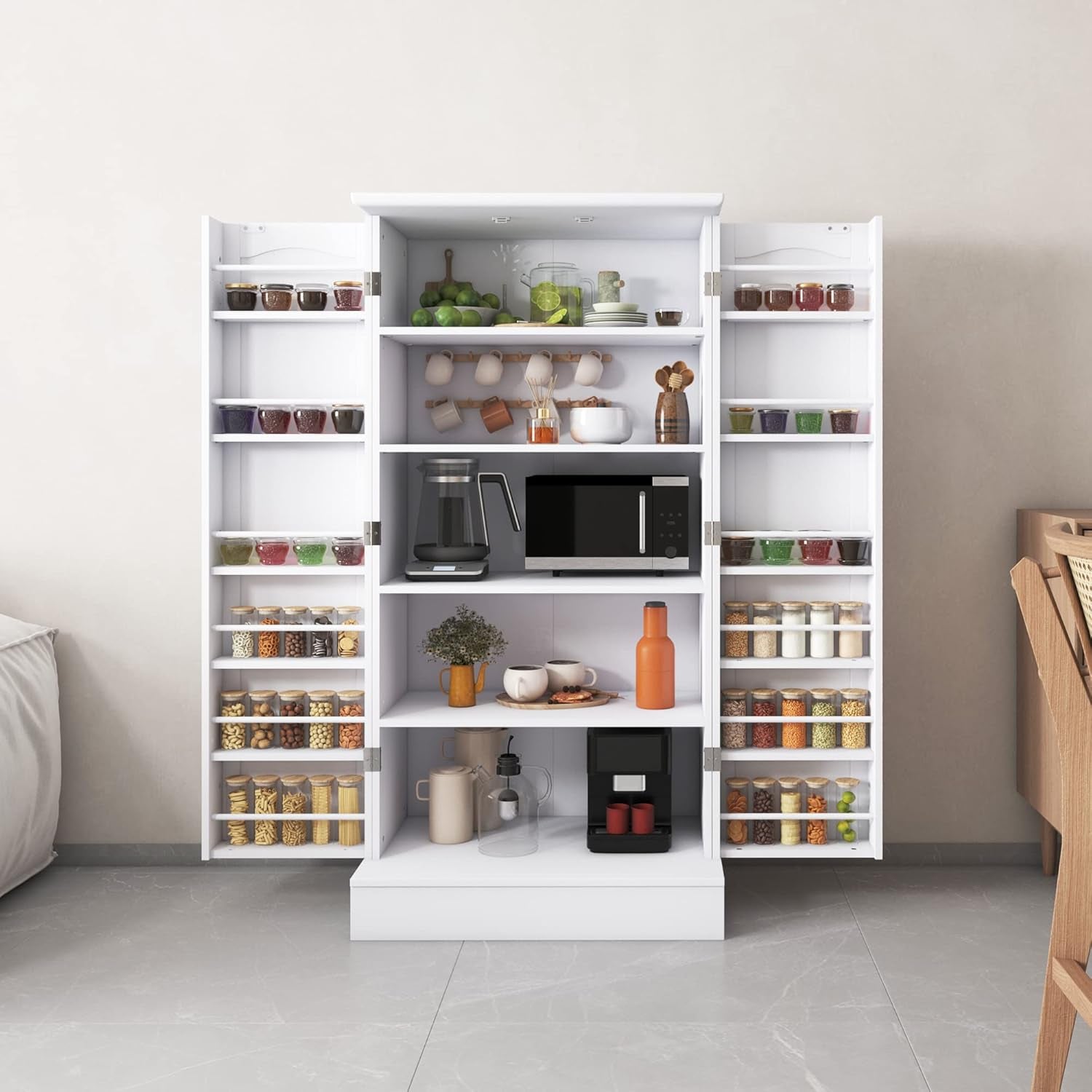 47” Pantry Cabinet, Kitchen Pantry Storage Cabinet with Doors and Adjustable Shelves,Freestanding Buffet Cupboards Sideboard for Living Room and Dinning Room (White)