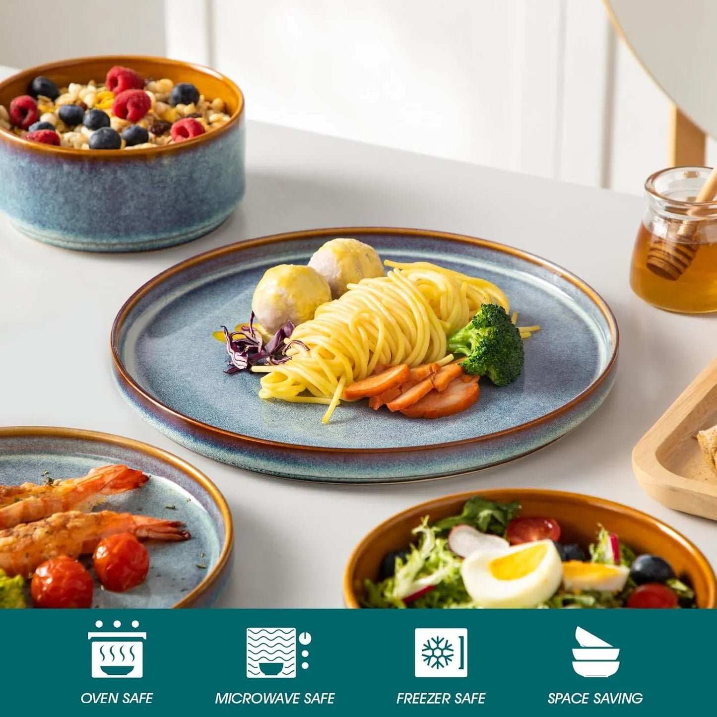 ONION Ceramic Plates and Bowls Sets, 12 Pieces Blue Dinnerware Sets for Kitchen, Reactive Glaze Dishes Set for 4, Dishwasher and Microwave Safe