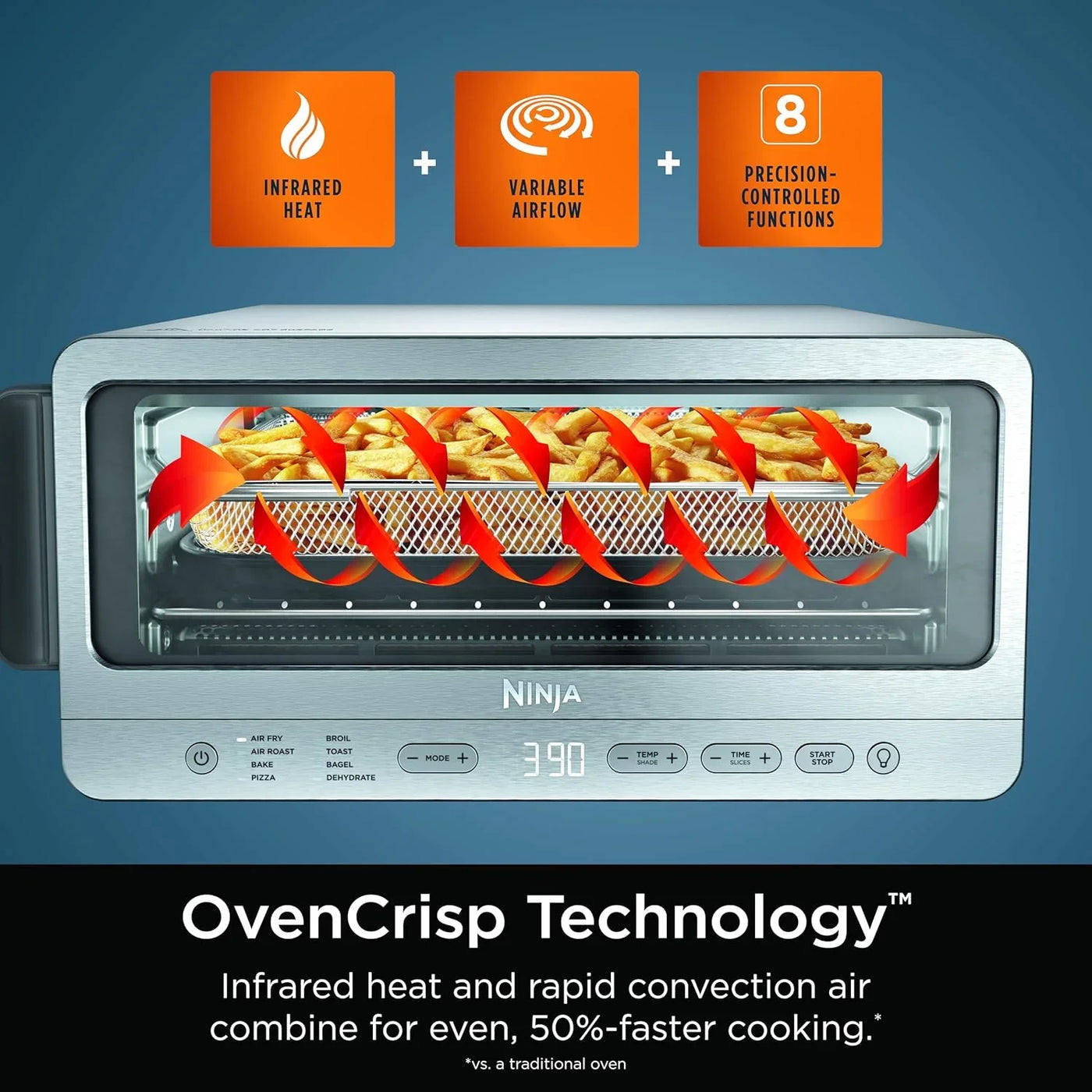 Air Fryer Toaster Oven Combo | 8-In-1 Functionality | Flip up & Away for Storage Space | Air Fry Basket, Sheet Pan, Wire Rack & Removable Crumb Tray |1800 Watt | Stainless Steel | SP151