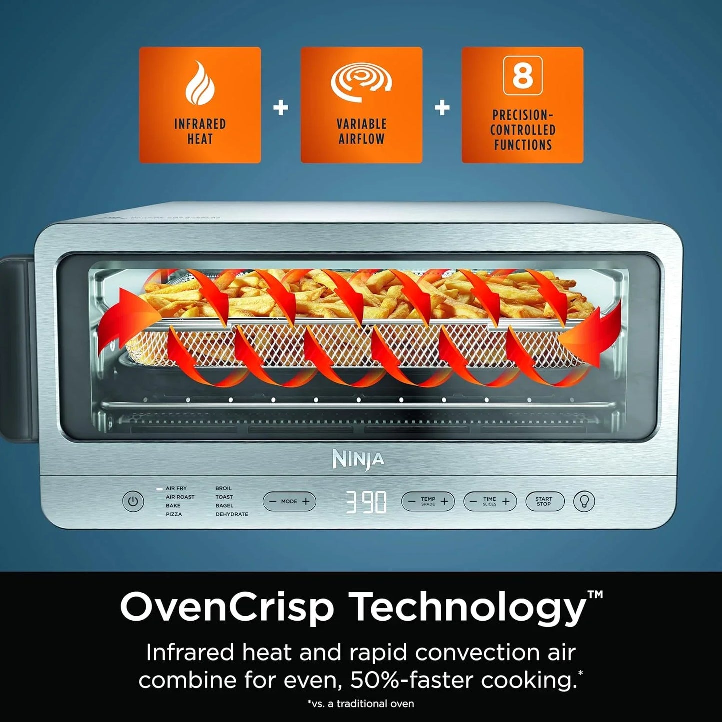 Air Fryer Toaster Oven Combo | 8-In-1 Functionality | Flip up & Away for Storage Space | Air Fry Basket, Sheet Pan, Wire Rack & Removable Crumb Tray |1800 Watt | Stainless Steel | SP151