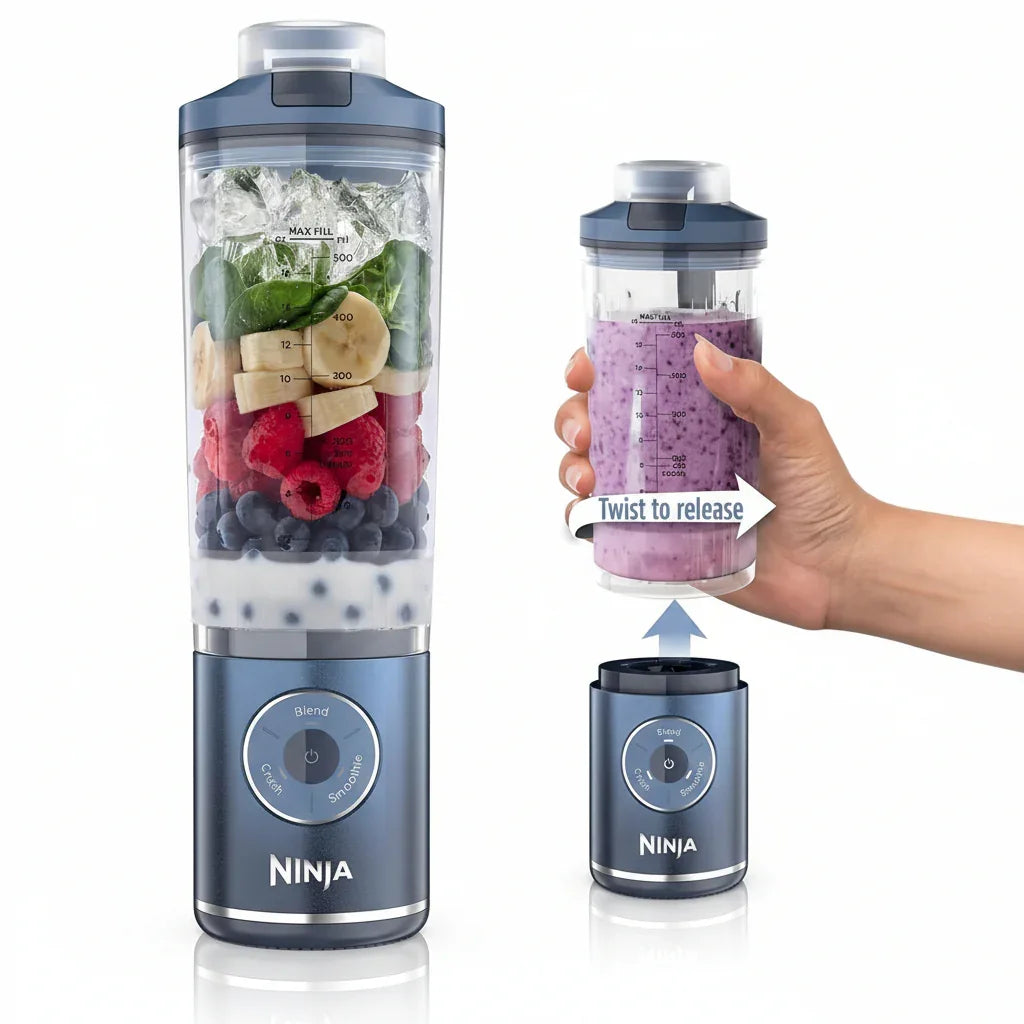 Ninja portable blender with fruit smoothie ingredients, twist-to-release cup, and blending base for easy kitchen use