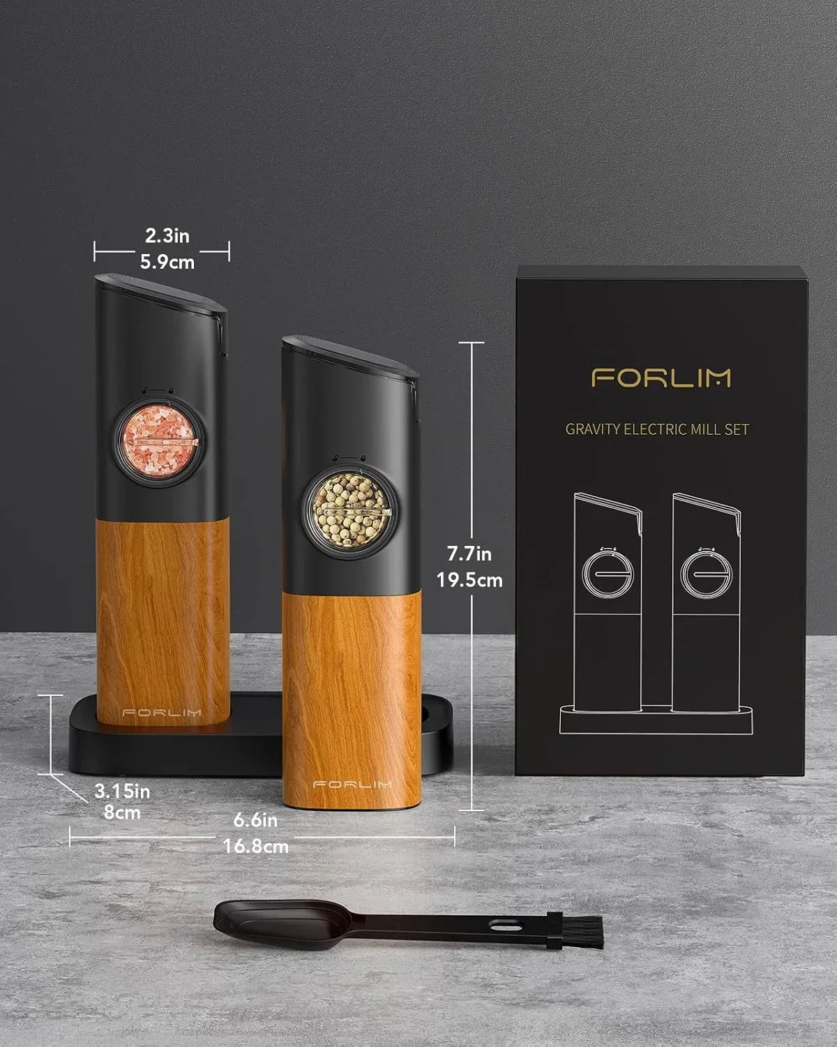 FORLIM gravity electric salt and pepper mill set with wood base, dimensions shown, includes cleaning brush