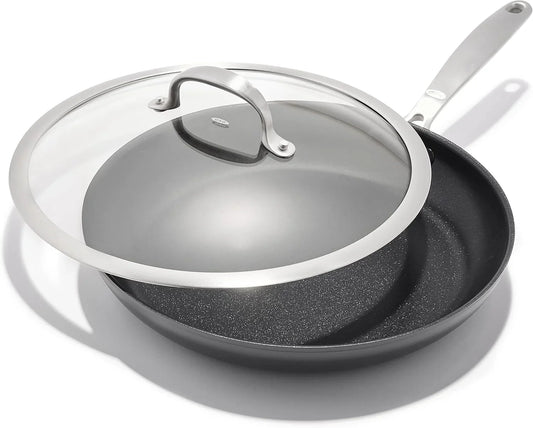 Enhanced 12” Nonstick Frying Pan Skillet with Lid, Ceramic Pfas-Free Cookware, Durable Hard Anodized, Scratch Resistant, Stainless Steel Handle, Eggs & Omelets, Dishwasher & Oven Safe, Black