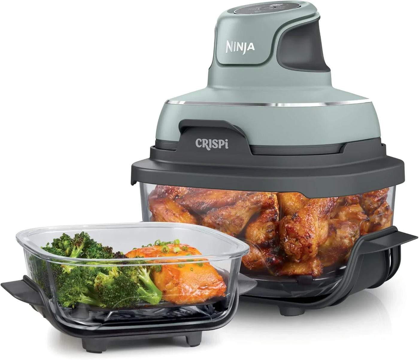 Crispi 4-In-1 Glass Air Fryer | 450°F | Non-Toxic | 4QT & 6-Cup Glass Containers W/Lids | Microwave, Freezer, Dishwasher Safe | Max Crisp, Air Fry, Bake, Recrisp | Green | FN101SG
