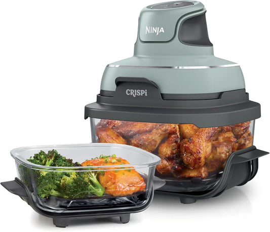 Crispi 4-In-1 Glass Air Fryer | 450°F | Non-Toxic | 4QT & 6-Cup Glass Containers W/Lids | Microwave, Freezer, Dishwasher Safe | Max Crisp, Air Fry, Bake, Recrisp | Green | FN101SG