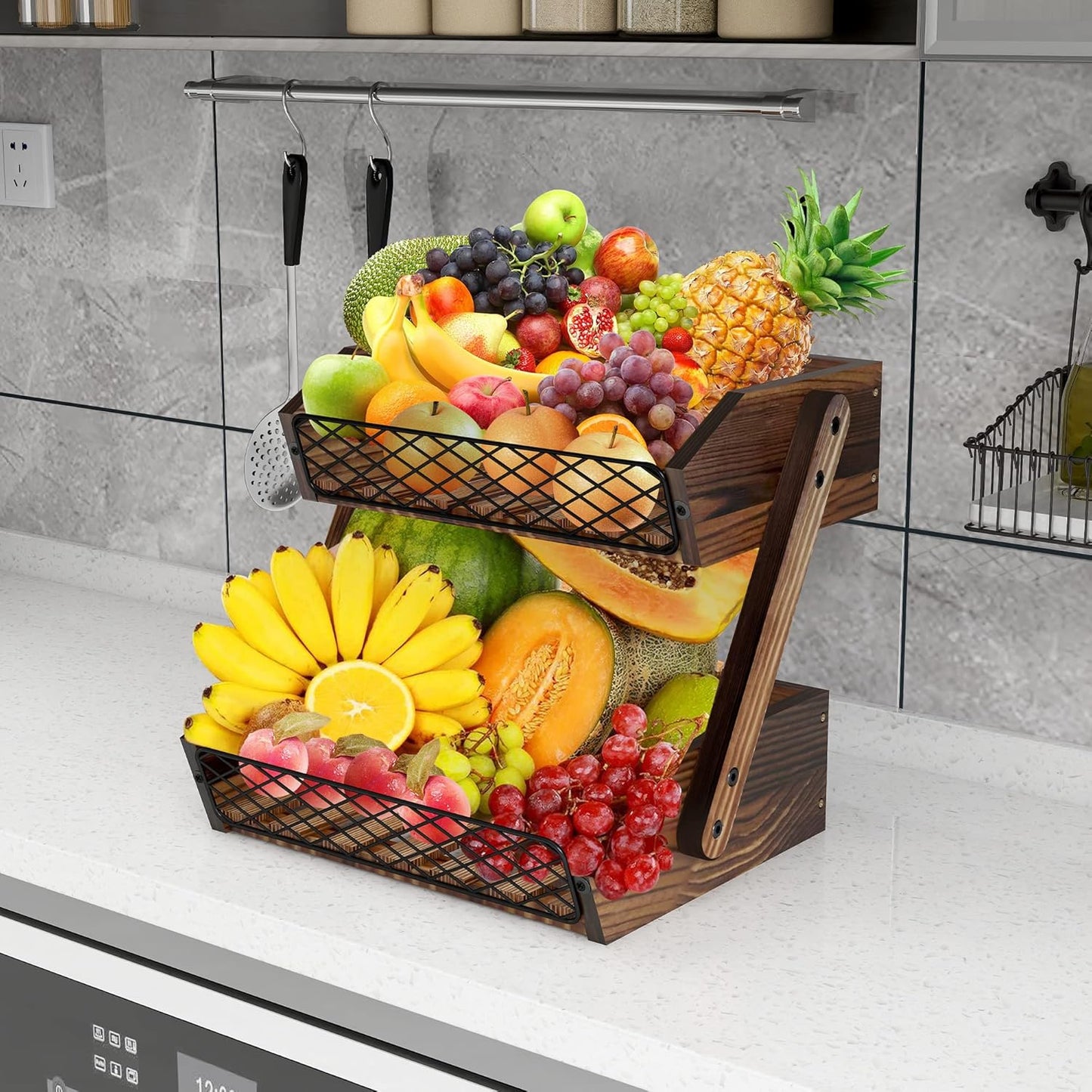 Fruit Basket for Kitchen, 2 Tier Fruit Bowl,Kitchen Counter Organizer,Wooden Vegetable Holder for Countertop,Bread Storage Basket Stand