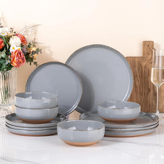Ceramic Dinnerware Sets for 4, 12 Pieces Handpainted Plates and Bowls Set with Rustic Terracotta Underside, Scratch Resistant Stoneware Dishes Set, Dishwasher & Microwave Safe