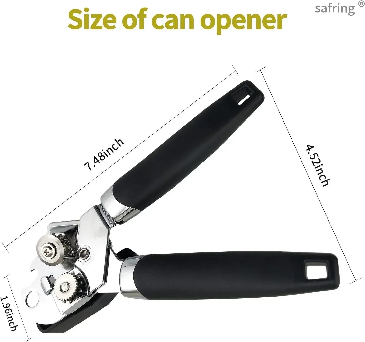 Ergonomic can opener with black handles and stainless steel mechanism, 7.48 inches long for easy kitchen use