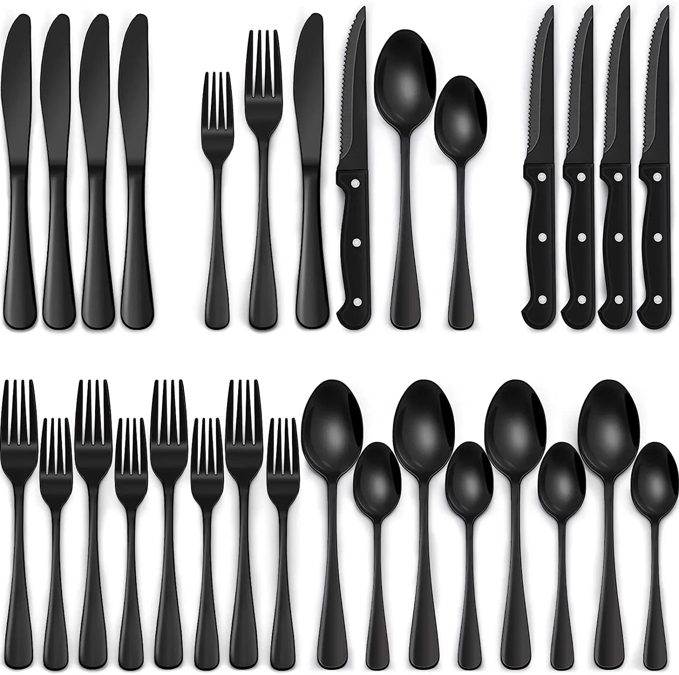 24-Piece Black Silverware Set with Steak Knives, Black Flatware Set for 4, Food-Grade Stainless Steel Tableware Cutlery Set, Mirror Finished Utensil Sets for Home Restaurant, round Edge