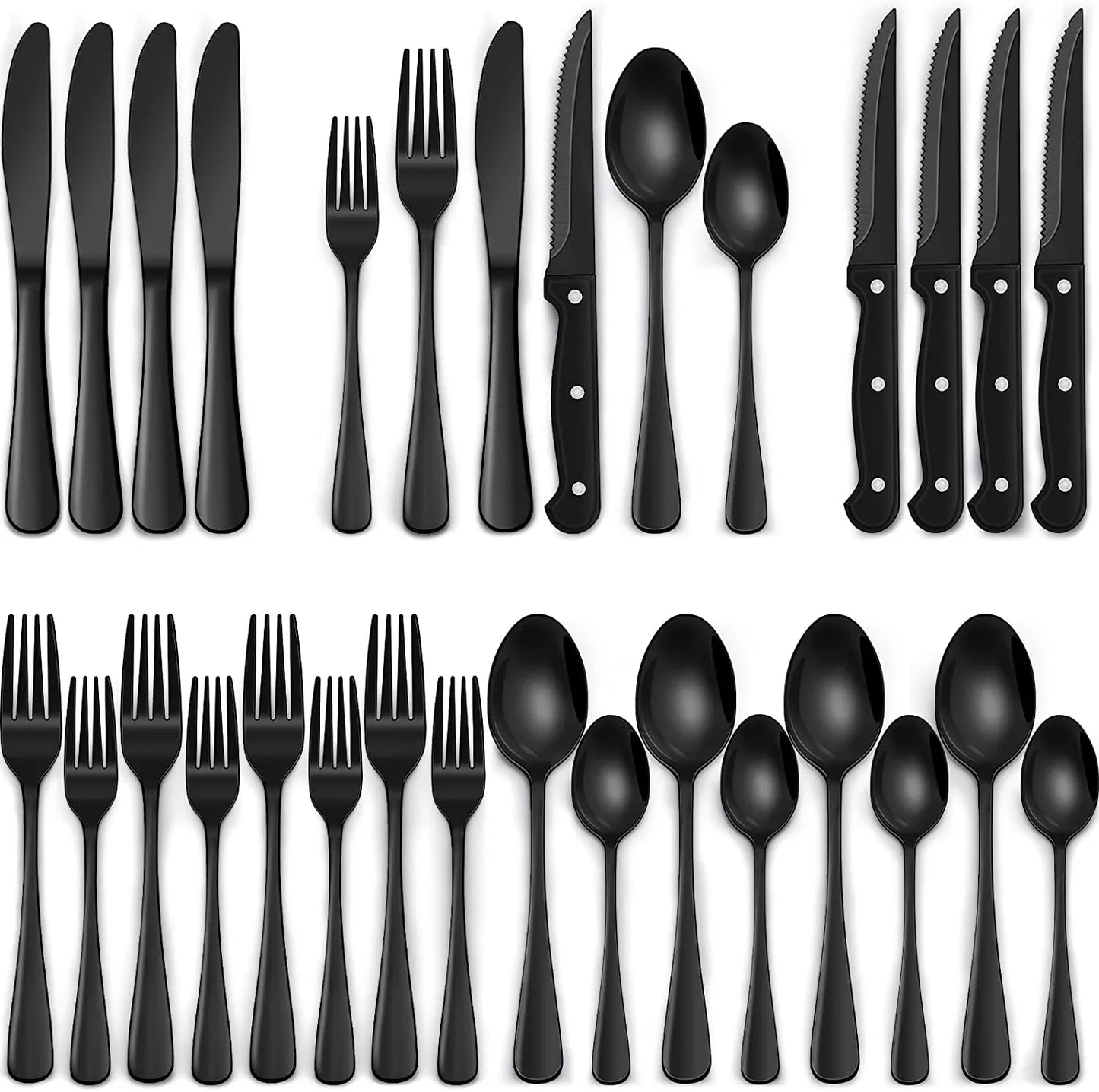 24-Piece Black Silverware Set with Steak Knives, Black Flatware Set for 4, Food-Grade Stainless Steel Tableware Cutlery Set, Mirror Finished Utensil Sets for Home Restaurant, round Edge