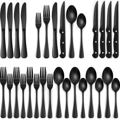 24-Piece Black Silverware Set with Steak Knives, Black Flatware Set for 4, Food-Grade Stainless Steel Tableware Cutlery Set, Mirror Finished Utensil Sets for Home Restaurant, round Edge
