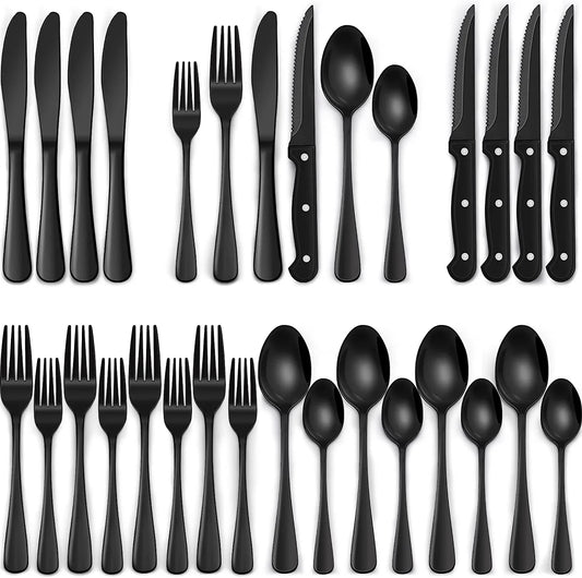 24-Piece Black Silverware Set with Steak Knives, Black Flatware Set for 4, Food-Grade Stainless Steel Tableware Cutlery Set, Mirror Finished Utensil Sets for Home Restaurant, round Edge