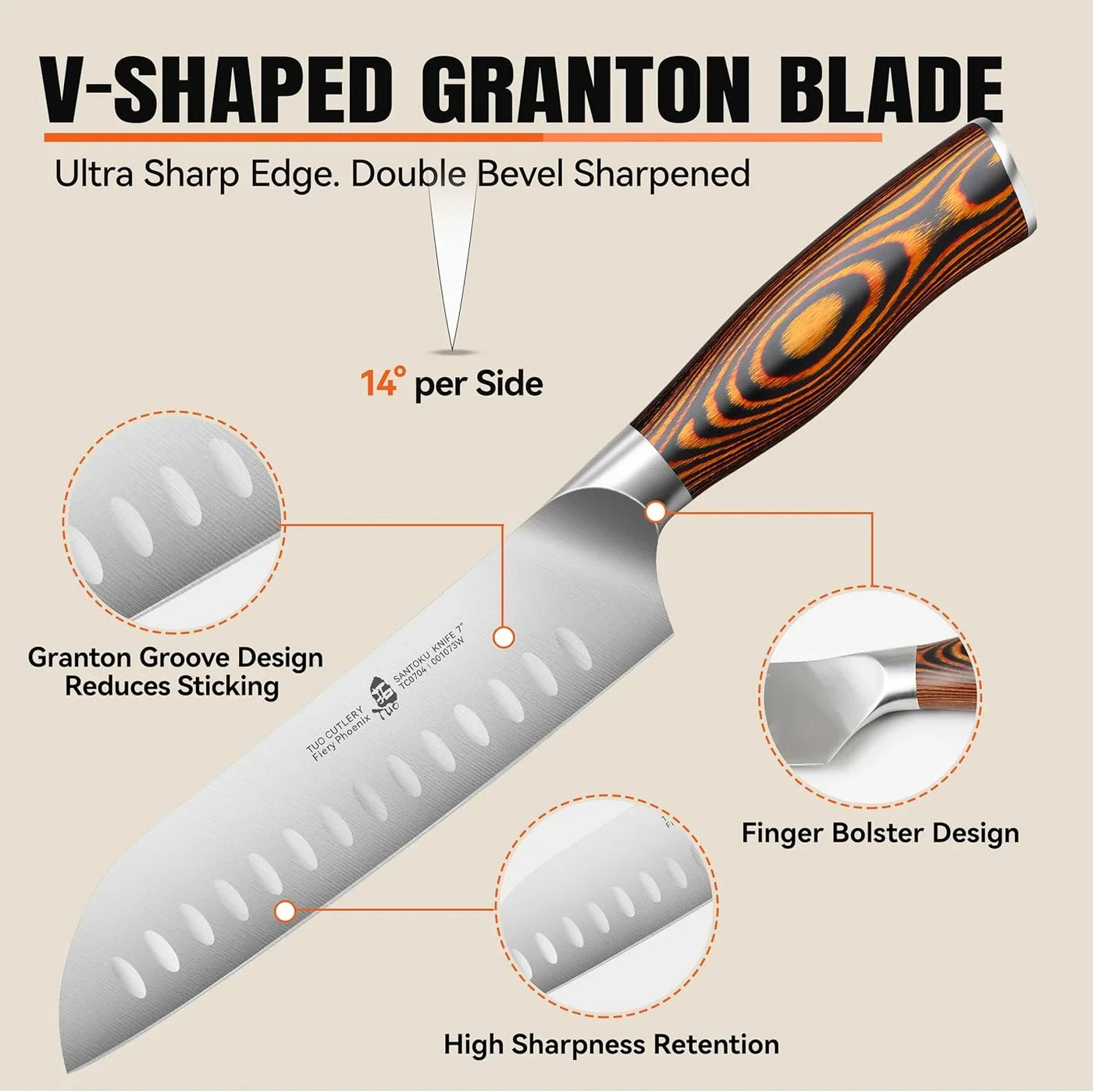 Santoku Knife, 7 Inch Japanese Chef Knife for Vegetable Chopping & Meat Dicing, High Carbon German Steel, Ergonomic Handle - Fiery Phoenix Series