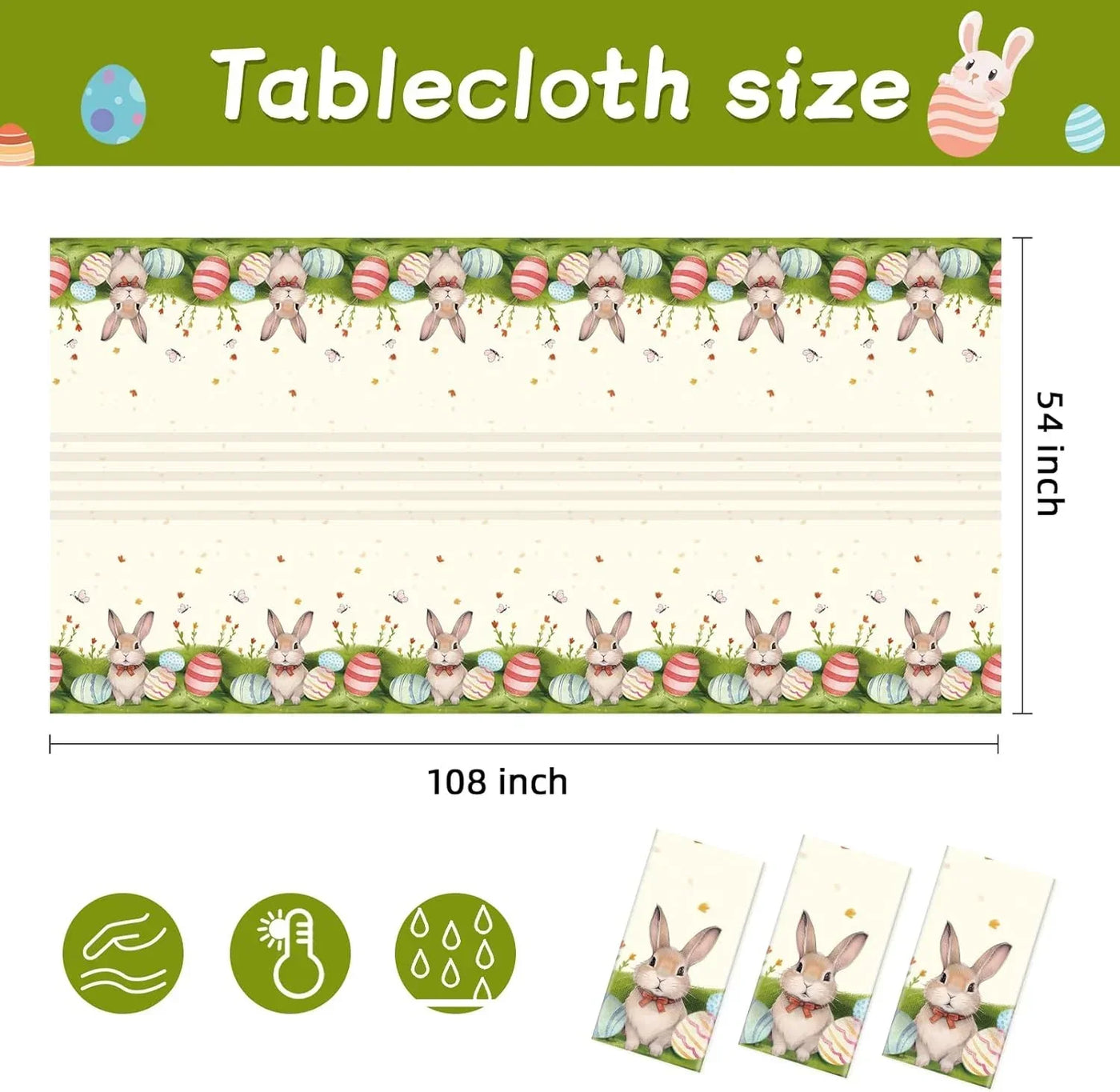 Easter tablecloth with bunnies and eggs, 108x54 inches, festive spring dining decor