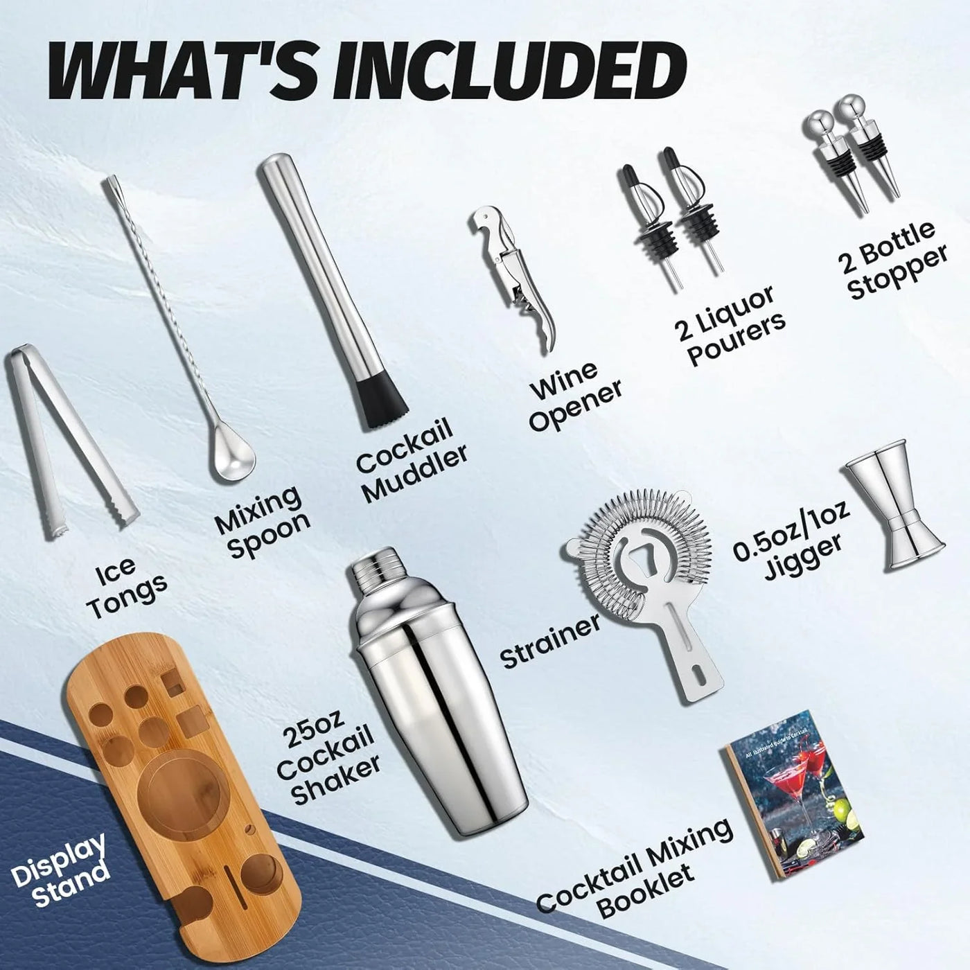 Cocktail Shaker Set Bartender Kit: 13-Pcs Bar Tools Set with Bamboo Stand, Essential Bar Accessories for Home: 25Oz Martini Shaker, Jigger, Bar Spoon, Professional Cocktails Kit for Drink Mixing |Gift