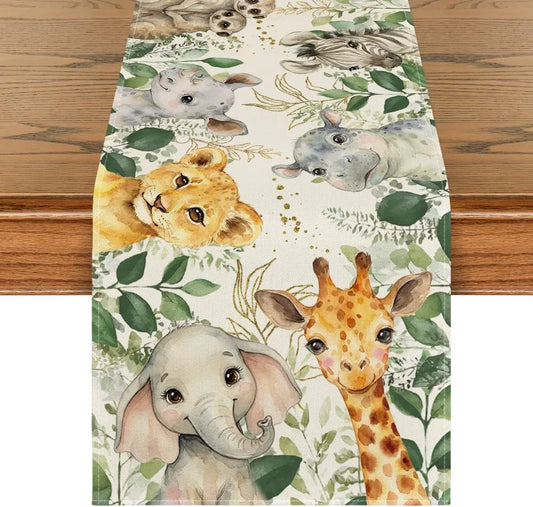 Animals Elephant Giraffe Babyshower Table Runner, Seasonal Spring Summer Kitchen Dining Table for Home Party Decor 13X72 Inch
