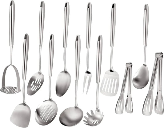 304 Stainless Steel Cooking Utensils Set, Stainless Steel Kitchen Utensils, 12 PCS Long Large Metal Cooking Utensil Tools Set, Potato Masher, Fork, Tongs, Pasta, Etc (Dishwasher Safe)