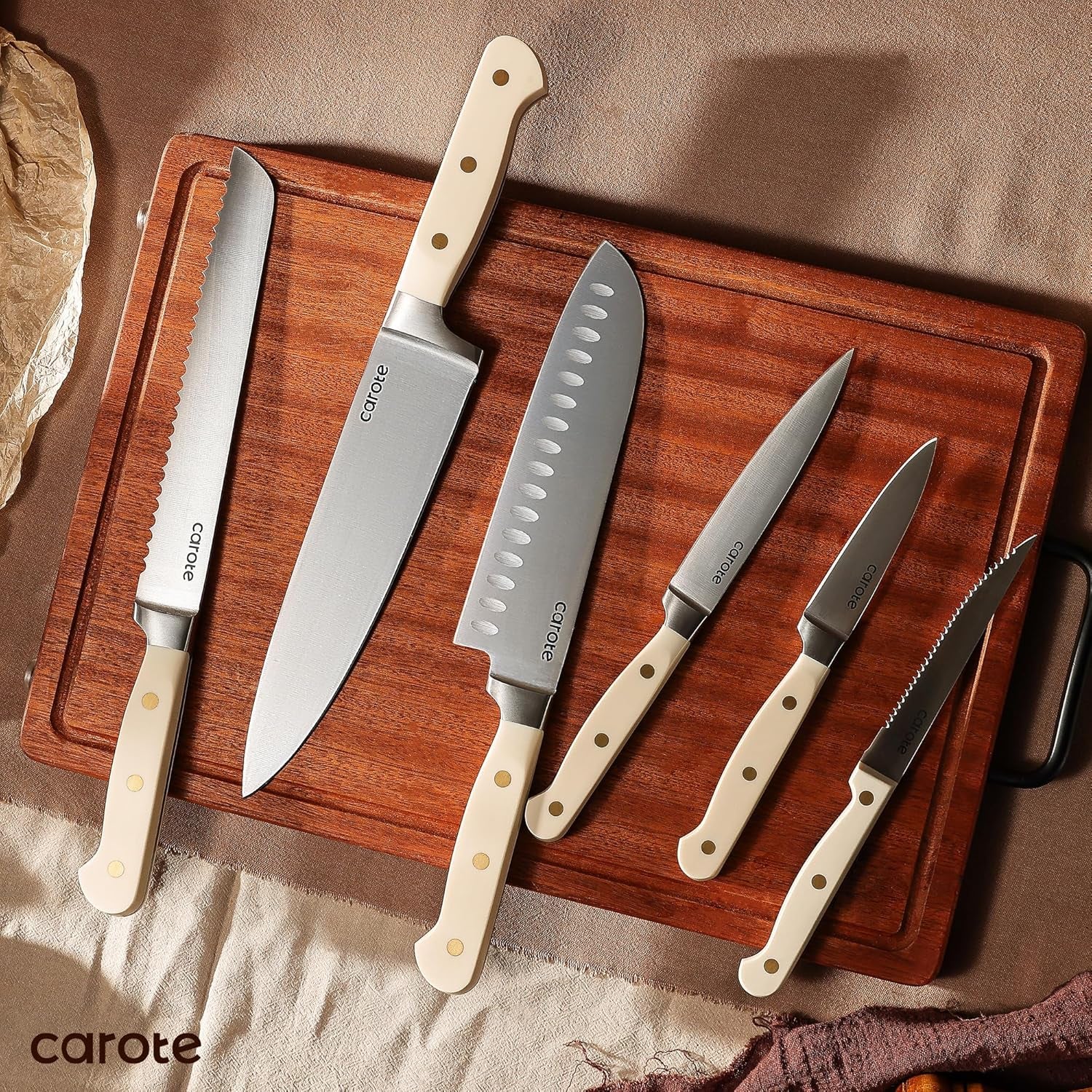 11 Pieces Knife Set with Block for Kitchen, Stainless Steel Razor-Sharp Blade, Triple Riveted Ergonomic Handle, Wooden Magnetic Block, Essential Knife Block Set, Beige