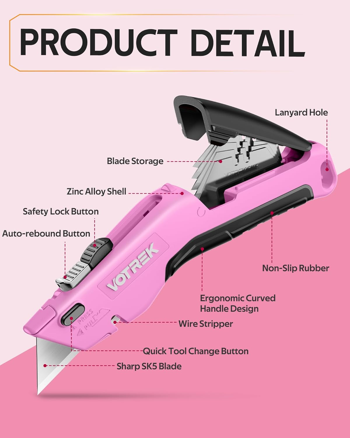 ® Box Cutter Utility Knife, 2-In-1 Safety Retractable Box Cutter for Women, Quick Change Razor Knife for Home, Office & DIY, Blade Storage Design, with Extra Sharp Razor & Hook Blades (Pink)