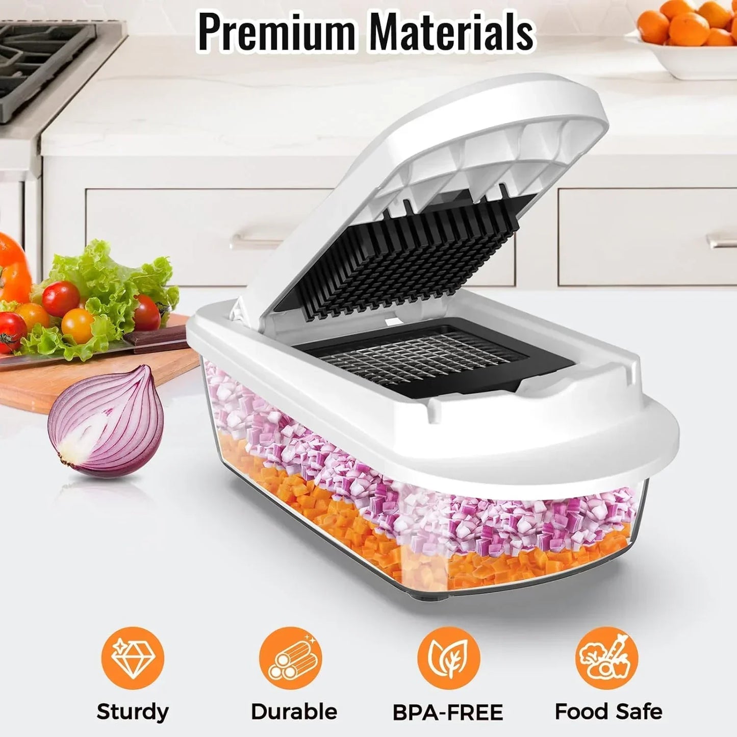 White vegetable chopper with diced onions and carrots, premium BPA-free kitchen tool for fast prep