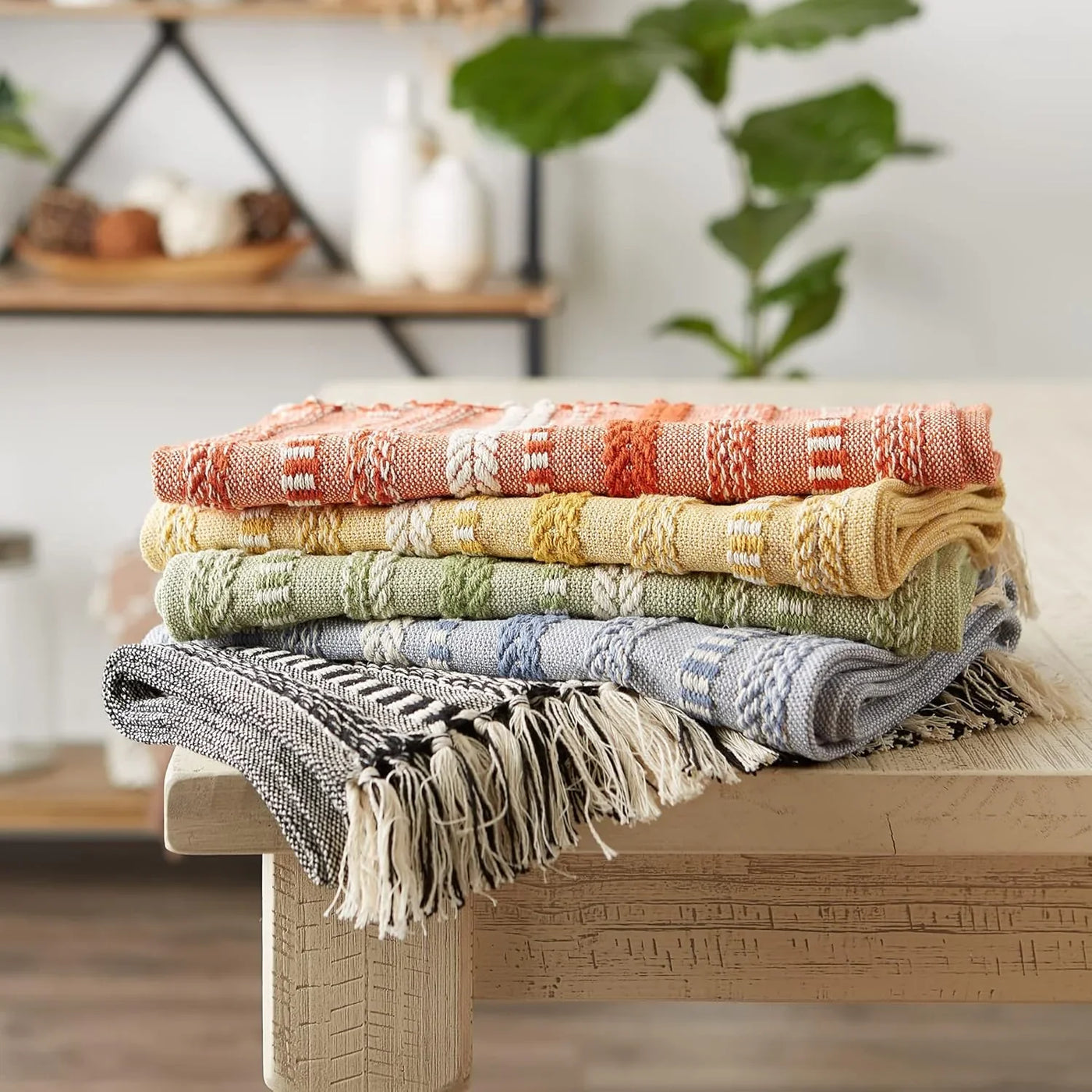 Farmhouse Braided Stripe Table Runner Collection, 15X72 (15X77, Fringe Included), Stonewash Blue