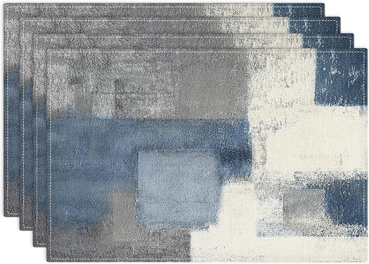 Farmhouse Placemats Set of 4, Vintage Blue and Grey Abstract Art Painting 12X18 Inch Table Mats for Outdoor Home Party Kitchen Dining Decoration