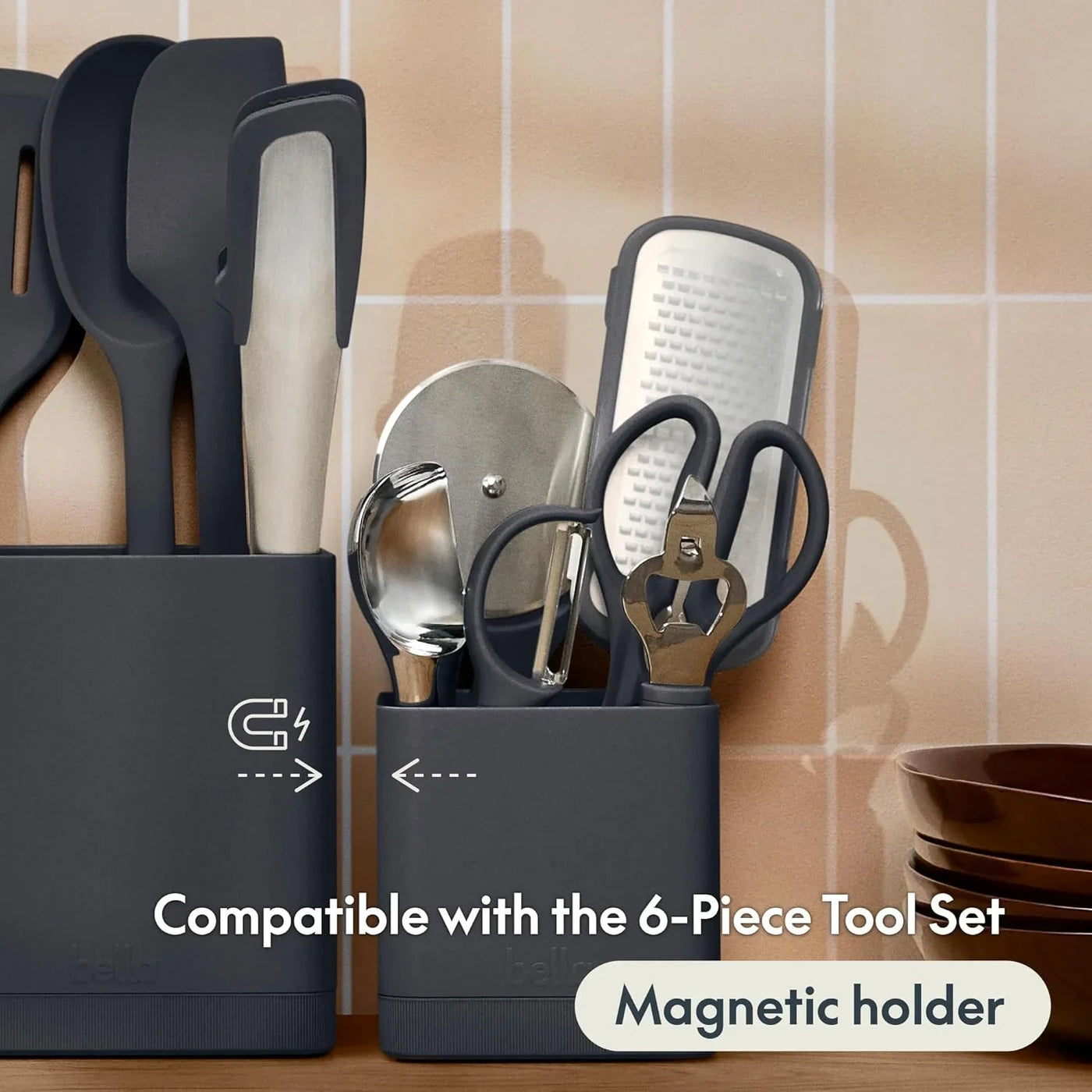 7-Piece Modular Gadget Set, Grater, Pizza Cutter, Ice Cream Scoop, Peeler, Shears, Bottle Opener, Crock with Removable Divider, Dishwasher Safe, Slate