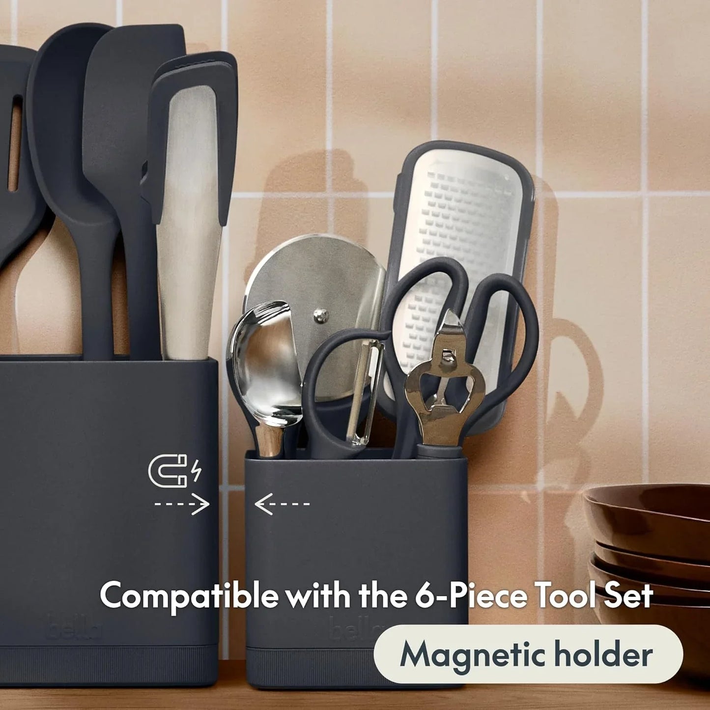 7-Piece Modular Gadget Set, Grater, Pizza Cutter, Ice Cream Scoop, Peeler, Shears, Bottle Opener, Crock with Removable Divider, Dishwasher Safe, Slate