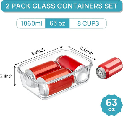 2Pack 1860Ml/63Oz Large Glass Storage Containers with Lids, Meal Prep Food Container Set with Snap Airtight Lid for Baking, Microwave, Oven, Leak Proof, for Freezer, Dishwasher, Grey