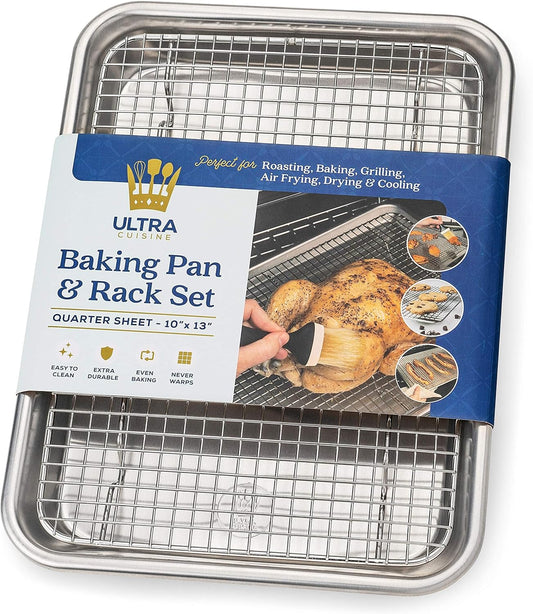 Quarter Sheet Pan with Wire Rack Set - Includes Premium Aluminum Baking Sheet with 100% Stainless Steel Baking Rack, Cookie Cooling Racks with 1/4 Pan Commercial Quality
