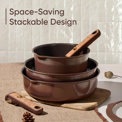 19PCS Ceramic Nonstick Cookware Set, Pots and Pans Set with Detachable Handle, Pfas-Free Non-Toxic, Induction & Oven Safe, Stackable Space-Saving, Dark Choco
