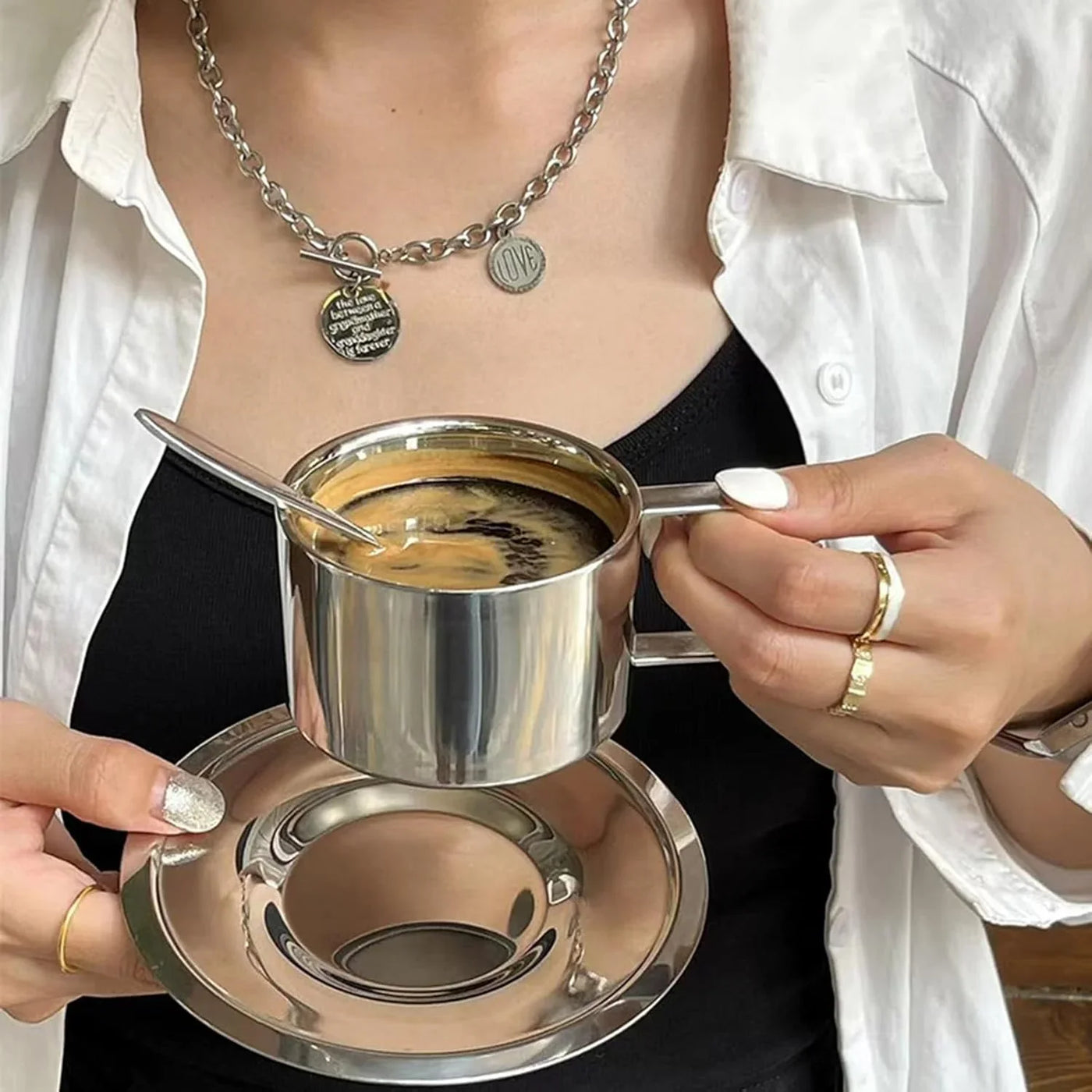 6.8Oz Stainless Steel Coffee Cup Set, Coffee Mugs with Spoon and Saucer for Latte, Espresso, Cappuccino, Milk and Tea