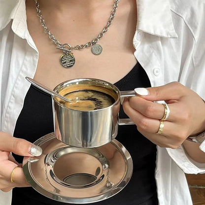 6.8Oz Stainless Steel Coffee Cup Set, Coffee Mugs with Spoon and Saucer for Latte, Espresso, Cappuccino, Milk and Tea