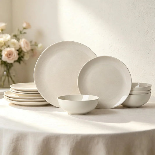Ceramic Dinnerware Sets for 4,12 Pieces Plates and Bowls Sets, Plates Pasta Bowls Soup Bowls, Modern Stoneware Dishes, Reaction Glaze (White)