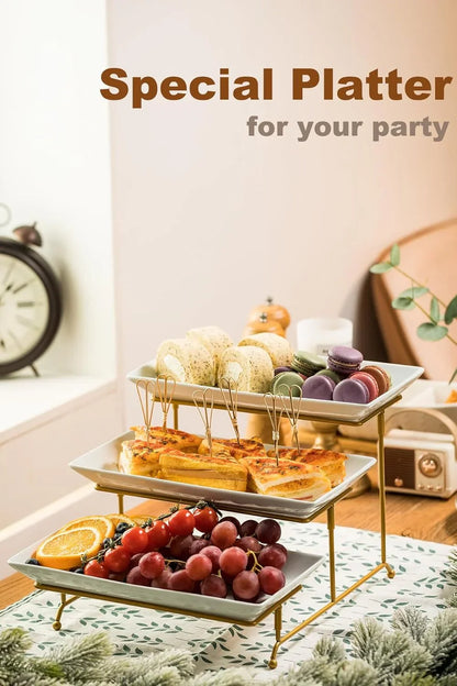 3 Tier Serving Tray, Porcelain Serving Platter Tier Serving Stand with Collapsible Sturdier Rack, Serving Trays and Platters Dessert Party Display Set for Mother'S Day, Gold, 12 Inch