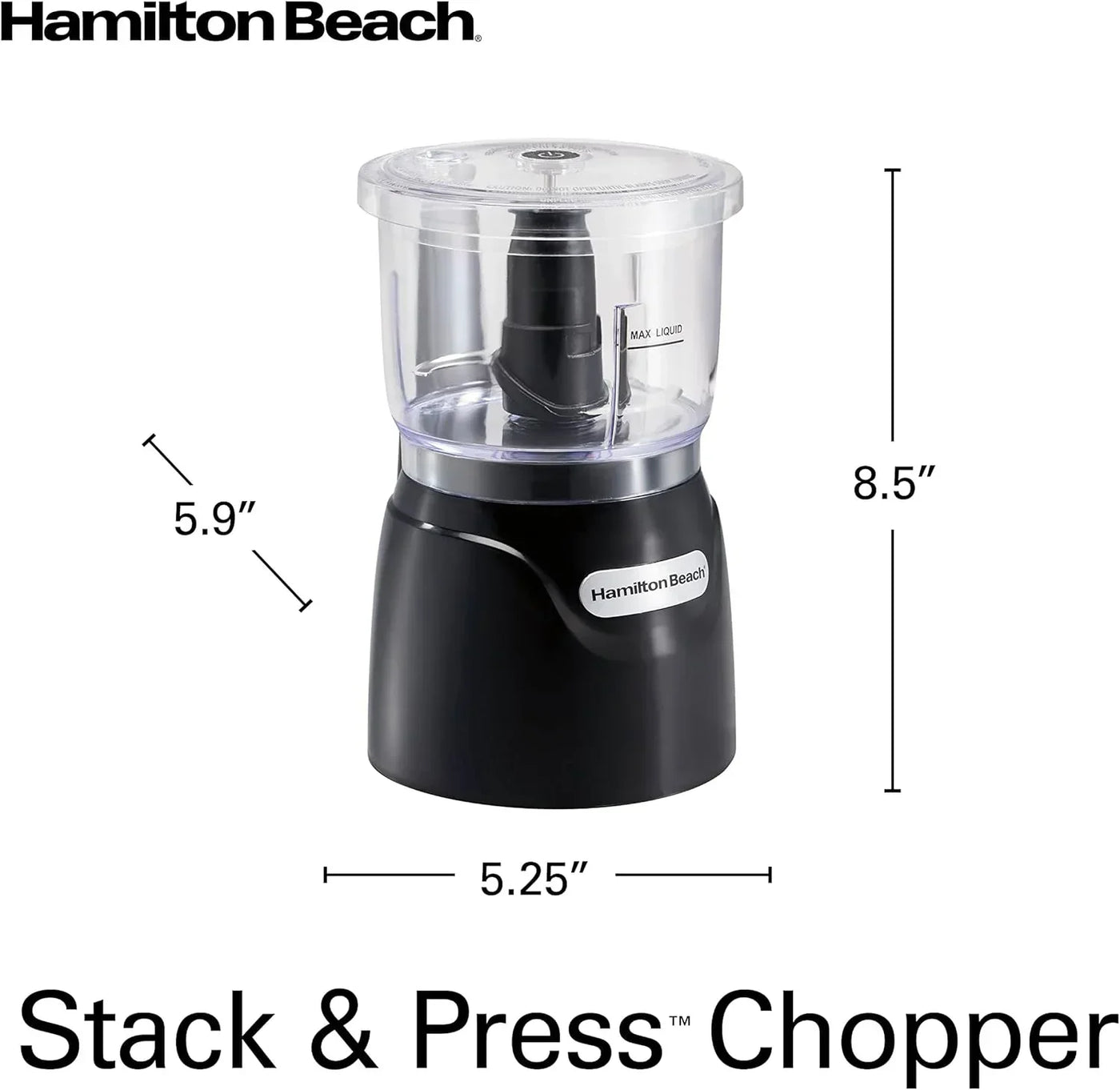 Hamilton Beach Stack & Press Chopper with clear bowl and black base, compact kitchen appliance for chopping and mixing