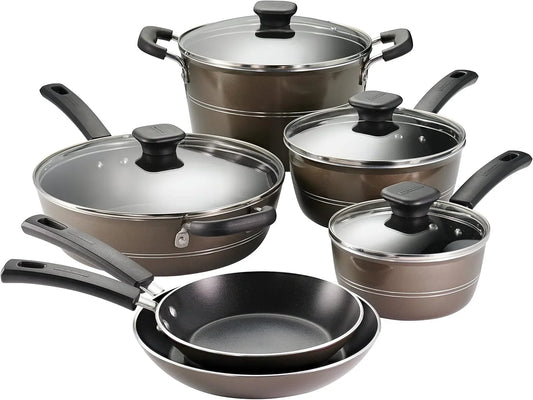 Sicilia 10-Piece Non Stick Cookware Set with Glass Lids, Aluminum Nonstick Pots and Pans Kitchen Set (Hazelnut)