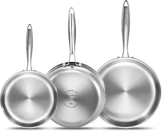 Whole Body Tri-Ply Stainless Steel Frying Pan Set, 8”/10”/12” Cooking Pans, Kitchen Cookware Set, Fast Heating Chef'S Pan with Ergonomic Handles, Suitable for All Stove
