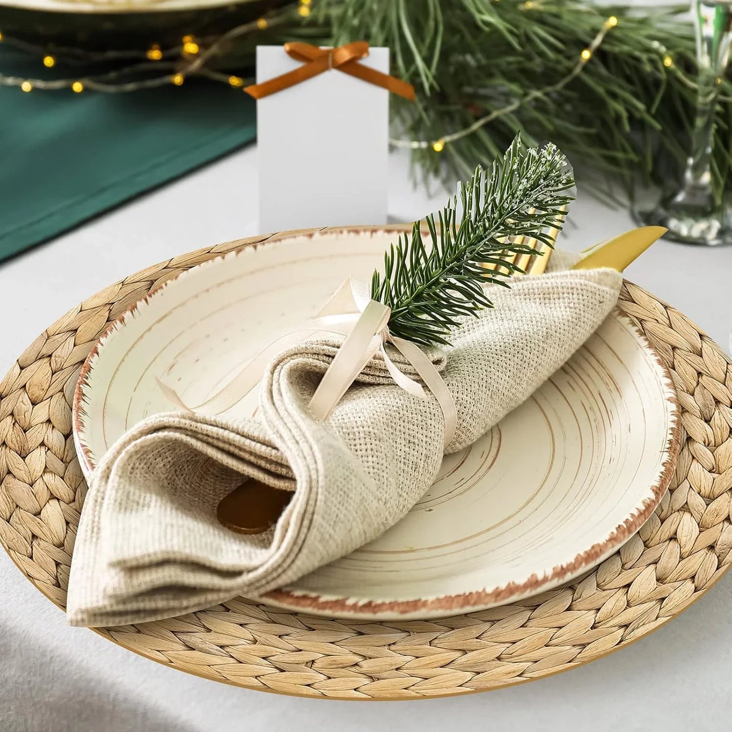 100 Pcs Disposable Printed Woven Paper Placemats Bulk 11 Inch round Wicker Printed Chargers Place Mat Farmhouse Braided Rattan Tablemats for Wedding Dinner Party(Light Brown)