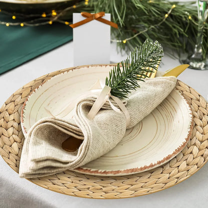 100 Pcs Disposable Printed Woven Paper Placemats Bulk 11 Inch round Wicker Printed Chargers Place Mat Farmhouse Braided Rattan Tablemats for Wedding Dinner Party(Light Brown)