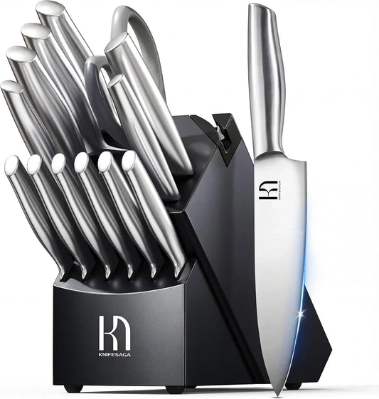 Knife Set Premium, Kitchen Knife Block Set 14 Pcs Japanese High Carbon Stainless Steel Enduring Razor Sharp, Black Chef Knives Set for Kitchen with Built-In Sharpener and Acacia Wood Block