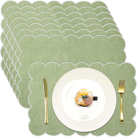 8 Pcs Boho Linen Placemats Set 13" X 19" Elegant Scalloped Double Layered Placemats Farmhouse Washable Rustic Dining Table Decorations for Kitchen Wedding Banquet (Sage Green,White)