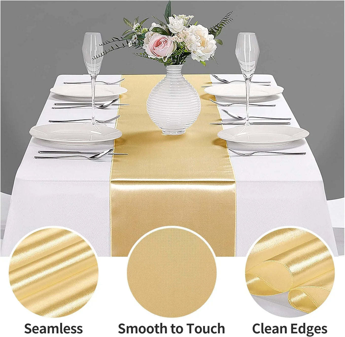5-Pack Satin Table Runner Light Gold 12 X 108 Inches Long, Table Runners for Wedding, Birthday Parties, Banquets Decorations（5 Pack, 12X108 Inch, Light Gold）